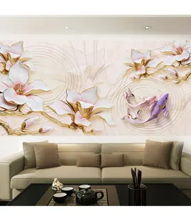 Detailed view of 3D lily and koi fish wallpaper mural in a living room setting