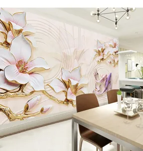 Detail of 3D magnolia flower and koi fish wallpaper in a warm dining room setting
