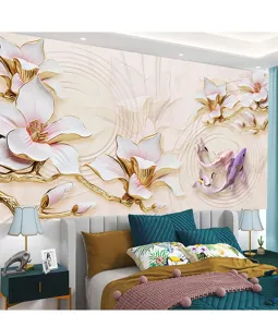 3D magnolia flower mural wallpaper in a modern bedroom setting