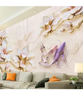 3D self-adhesive wall mural featuring magnolia flowers and koi fish for living room decor