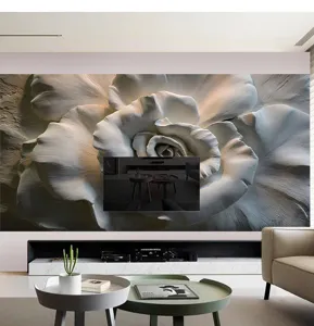 Detailansicht der 3D-weißen Rosen-Fototapete für moderne Wohnzimmer-TV-Hintergründe