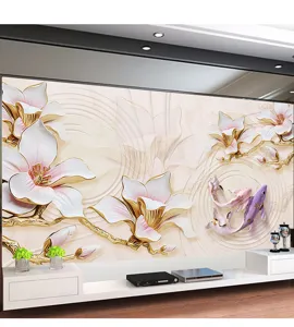 3D self-adhesive wall mural featuring elegant magnolia flowers and koi fish design