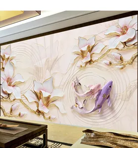 Detailed view of 3D wallpaper featuring magnolia flowers and koi fish for home decor.