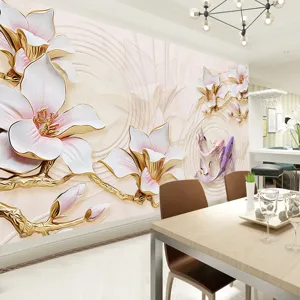Modern Minimalist 3D Embossed PVC Wall Sticker Self-Adhesive Magnolia Flower Koi Fish Wallpaper Mural For Living Room Bedroom TV Sofa Background Decoration