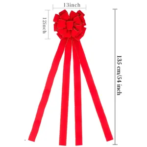 Large red velvet Christmas bow tree topper with long trailing ribbons, 54 inch size