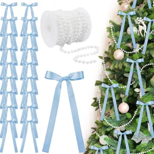 24 pzas lazos de satén azul claro y rollo de cuentas de perlas para decoración navideña.