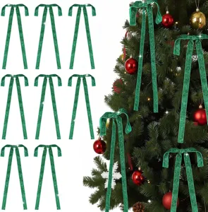 Ciondolo fiocco in nastro di velluto glitterato verde natalizio per decorare l'albero.