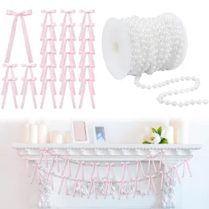 24pz lazos de saten rosa y rollo de cuentas de perlas para boda fiesta decoracion elegante