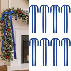 Pendente con fiocco in nastro di velluto glitterato blu per albero di Natale e feste