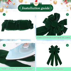 Installation guide detail showing green velvet Christmas bow steps and ironing instructions.