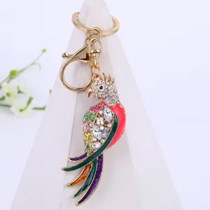 Exquisite rhinestone parrot keychain, colorful crystal bag charm, gold-tone keyring.