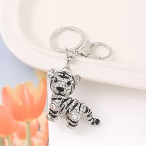 Sparkling rhinestone 3D tiger keychain metal car pendant zodiac animal backpack accessory.