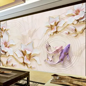Warm 3D self-adhesive wall mural with magnolia and koi fish for living room decoration