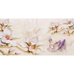 3D self-adhesive wallpaper with elegant magnolia flowers and koi fish design