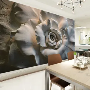 Elegante 3D-Relief Wandtapete mit weißer Rose, großes Blumenwandbild für das Wohnzimmer