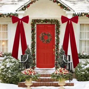 Extra large red velvet Christmas bow with long streamers, holiday home door decor detail view.