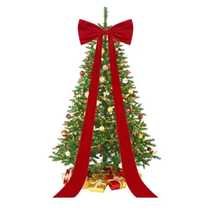 Extra Large Red Velvet Christmas Tree Topper Bow with Long Streamers Holiday Decor