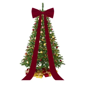 Extra large velvet Christmas tree bow with long streamers for holiday tree top decoration.