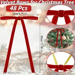 30cm velvet Christmas tree bows, 48pcs pre-formed red ribbon holiday hanging decorations.