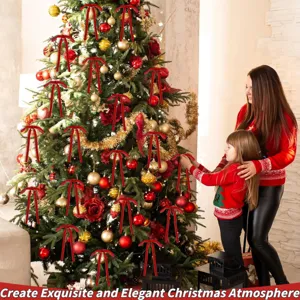 Red velvet Christmas tree bows for holiday home decoration, elegant hanging craft ornaments.