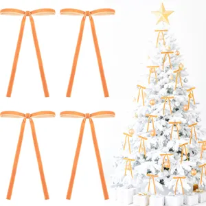 Velvet Christmas tree bows orange long tail bow for holiday home decor gift wrapping 30cm