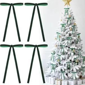 Green velvet Christmas tree bows detail view, hanging bow pendant for holiday home decoration.