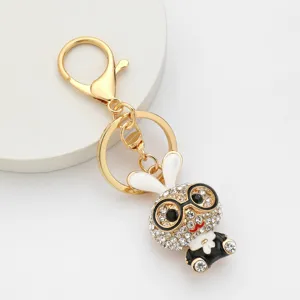 Lindo Dibujos Animados Conejo Llavero Strass Aleación de Zinc Animal Llavero Gafas Conejo Moda Bolsa Colgante Joyería Regalo