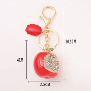 Roter Apfel Strass Metall Schlüsselanhänger mit Blatt Anhänger und goldenem Ring für Taschen.