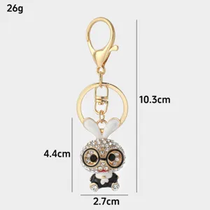 Llavero de conejo con gafas de diamantes de imitación dorados, colgante de metal.