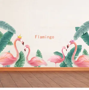 Autocollants muraux flamant rose avec feuilles de palmier vertes pour décoration chambre