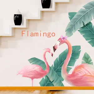 Autocollant mural flamant rose avec feuilles tropicales pour décoration chambre