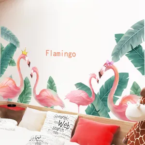 Stickers muraux autocollants flamant rose et feuilles tropicales pour chambre chic.