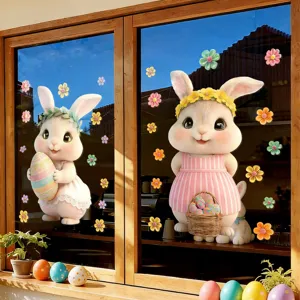 Osterhasen Fensterbilder Elektrostatische PVC Aufkleber Süßes Kaninchen Bunte Eier Blumenmuster Abnehmbare Glas Schaufensterdekoration