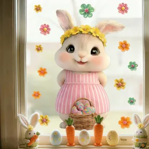 Niedliche Osterhase und bunte Blumen statische Fensteraufkleber für die Heimdeko