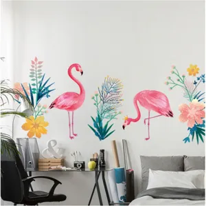 Adesivi murali fenicottero rosa e fiori per la decorazione della camera da letto