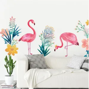 Adesivi murali fenicottero rosa e fiori tropicali per decorazione camera e soggiorno
