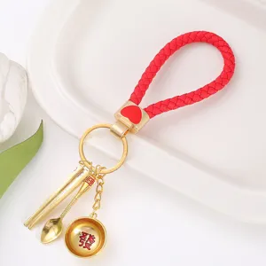 Chinese Style Golden Rice Bowl Chopsticks Spoon Keychain Alloy Leather Cord Bag Pendant Creative Car Key Ring Jewelry Gift