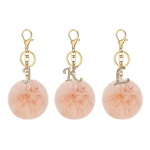 Fashion Alloy Rhinestone Letter Pom Pom Keychain Cute Faux Rabbit Fur Ball Bag Pendant Car Key Ring Women Accessories