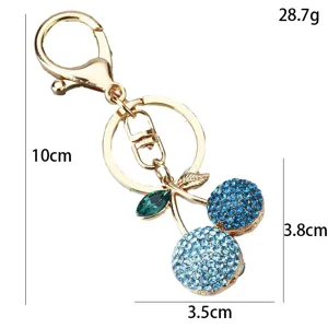 Gold alloy blue crystal rhinestone cherry keychain cute metal bag pendant charm 10cm