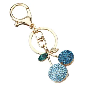 Blue rhinestone cherry keychain, cute fruit bag charm with gold tone metal clasp and ring.