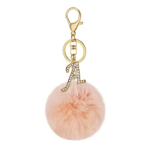 Faux Rex Rabbit Fur Pom Pom Rhinestone Letter A Keychain Bag Pendant Charm Accessory