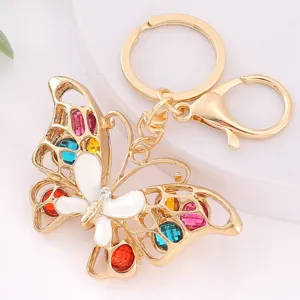 Porte-clés papillon doré avec strass colorés et design émail pendentif de sac en métal