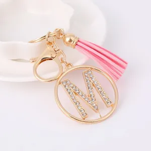 Stylish gold rhinestone letter M pink tassel keychain bag charm fashion gift accessory