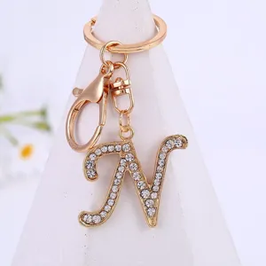 Gold rhinestone letter N keychain alloy pendant keyring fashion accessory gift details view