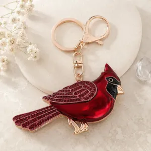 Roter Kardinal Strass Schlüsselanhänger, Zinklegierung roter Vogel Schlüsselring, Taschenanhänger.