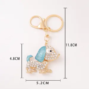 Metal rhinestone puppy keychain with dimensions, cute animal bag charm pendant for keys.