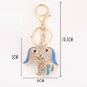 Rhinestone metal puppy dog keychain, cute long-eared animal key ring pendant for bags keys.