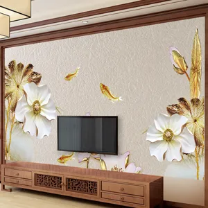 Chinesischer Stil 3D Relief Lotus Koi Wandtattoo Selbstklebend PVC Wandbild Tapete Für Wohnzimmer TV Sofa Hintergrund Dekoration