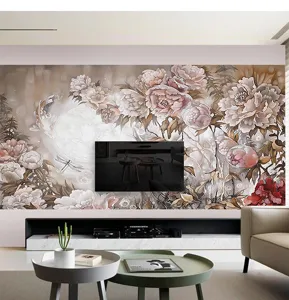 Maquette de mur de salon montrant une murale florale vintage avec des pivoines et la lune.