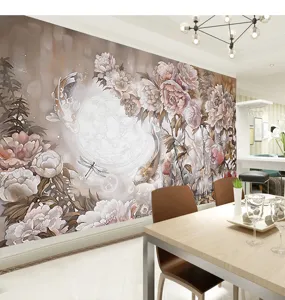 Papier peint mural floral vintage avec carpes koi et fleurs dans une salle à manger